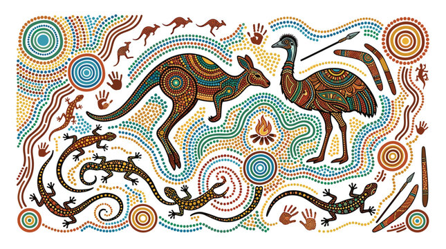Traditional Aboriginal dot art composition features a large kangaroo and emu surrounded by lizards, boomerangs, and ancient hand print motifs now.