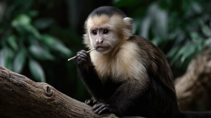 Fototapeta premium Captivating Capuchin Monkey Sitting and Eating on a Branch