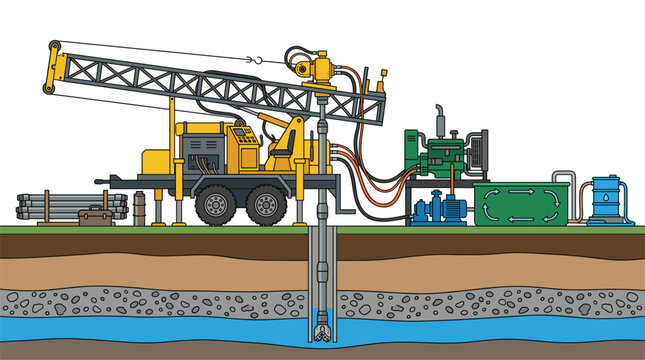 A detailed cross-section illustration of a yellow industrial drilling rig machine boring into layered soil to reach a blue aquifer.