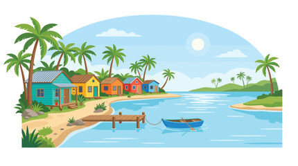 Obraz premium A picturesque tropical beach scene features vibrant colorful wooden houses, a small boat on calm water, and swaying palm trees under a sunny sky.