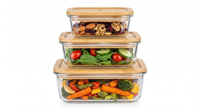there is a stack of three rectangular glass food storage containers of varying sizes, arranged from smallest on top to largest at the bottom against a plain white background.