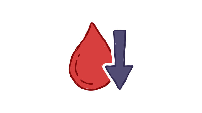 Hand drawn illustration of a red blood drop with a downward pointing arrow representing low blood pressure or anemia. EPS Editable
