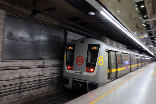 NEW DELHI INDIA: Delhi Metro is a mass rapid transit (MRT) system serving Delhi and its satellite cities of Ghaziabad, Faridabad, Gurugram, Noida and Bahadurgarh,