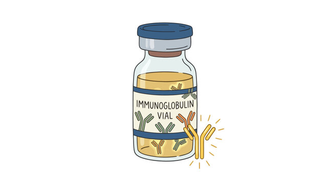 Hand drawn illustration of an immunoglobulin vial with antibody symbols for medical science concept. EPS Editable