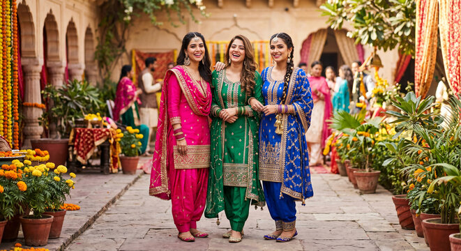 Three Indian women in colorful traditional salwar kameez laugh and walk arm-in-arm through a decorated courtyard during a joyful wedding festival, surrounded by marigolds, guests and ornate textiles.