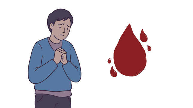 Illustration of a worried man standing next to a large red blood drop representing health concerns. EPS Editable