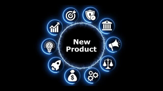 Innovative new product development cycle icons glowing on screen.