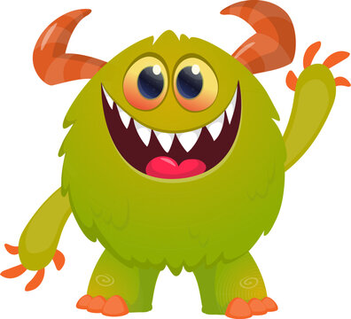 Cartoon scary monster with funny face expression waving hands . Vector illustration