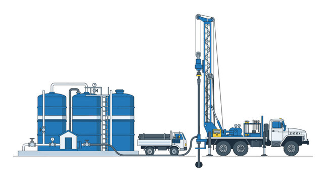 An industrial drilling rig setup featuring a large crane truck, blue storage tanks, and a supply vehicle stands on a white background.