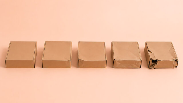 Progressive corner damage on five cardboard delivery packages in a row with cardboard delivery packaging shipping logistics ecommerce distribution container transportation