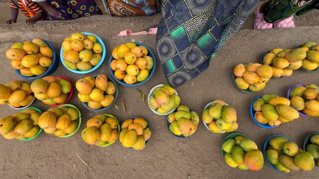 Bowls of ripe mangoes are arranged on the ground at an outdoor market. Blantyre, Malawi.