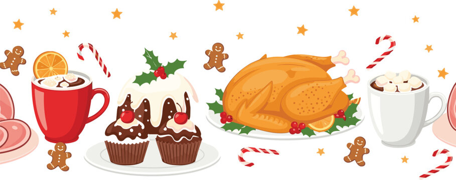 Festive Christmas Food Border with Roast Turkey, Cupcakes, Hot Cocoa, Candy Cane and Gingerbread Man Vector Illustration