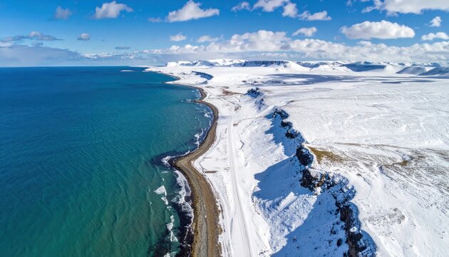 Scenic aerial view of a coastal road winding through a snowy landscape, Iceland.