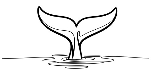 Black and white line art drawing of a whale tail splashing in the ocean water Vector, illustration © Alo 2026 Arts