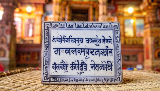 Hand painted ceramic tile featuring ancient Sanskrit script on a woven mat with a temple background