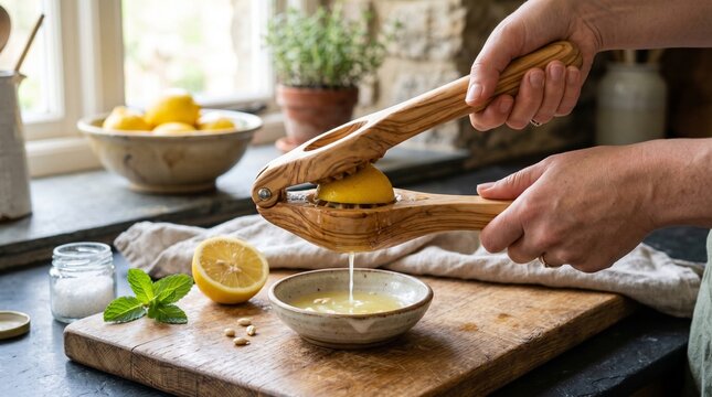 Realistic image of a natural wooden lemon squeezer with handle