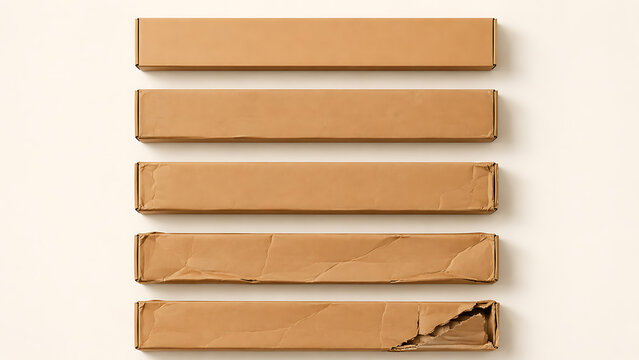 Horizontal row of five thin cardboard shipping boxes showing progressive delivery package corner damage lifecycle with cardboard shipping delivery lifecycle corrugated logistics