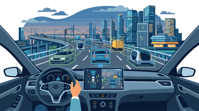 The interior view of a self-driving car dashboard reveals a steering wheel and digital displays monitoring surrounding highway traffic.