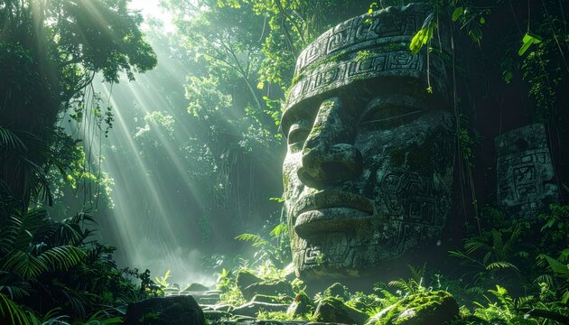 Massive Olmec stone head monument with ancient glyphs carved into its surface, nestled within a lush, sun-dappled jungle setting.