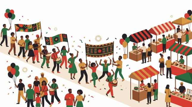 Isometric vector illustration of a vibrant Juneteenth parade and cultural street festival celebration. EPS Editable