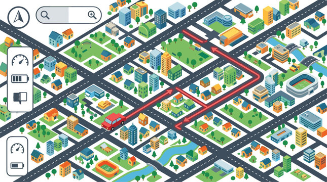 An isometric city map view highlights a red navigation path alongside a search bar and various utility icons on a clean background.