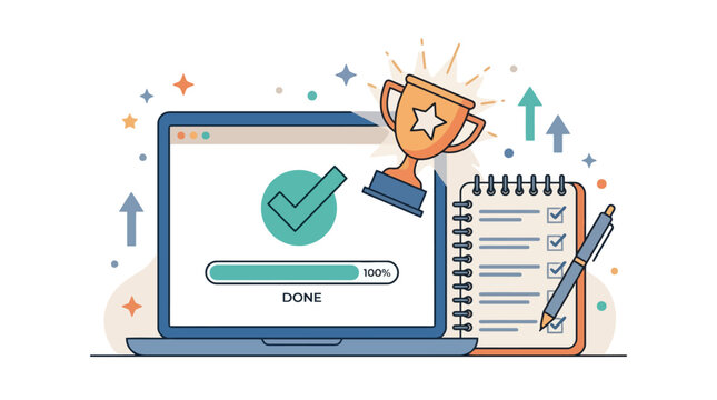 Laptop with completed task progress bar golden trophy and checklist notebook vector illustration representing success and productivity. EPS Editable