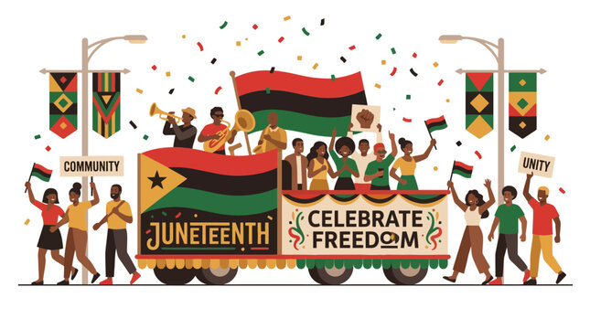 Juneteenth parade celebration illustration with people waving flags on a festive float. EPS Editable