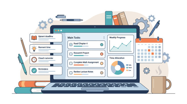 Laptop displaying project management dashboard with tasks calendar and charts vector illustration. EPS Editable