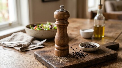 Fototapeta premium Photorealistic image of a natural wooden pepper mill grinder