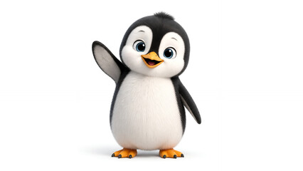 Fototapeta premium Cute 3D Cartoon Penguin Waving on White Background
