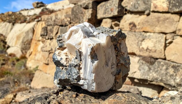 Pristine chunk of unrefined zinc ore with rough texture and dull metallic sheen against a stone wall background
