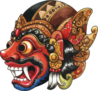 Traditional Javanese Tari Topeng Mask Water Color Illustration