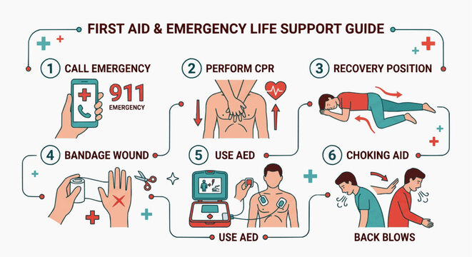 First Aid and Emergency Response Guide Flat Infographic Vector, CPR and Basic Life Support Concept