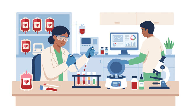 Medical scientists conducting blood tests and research in a laboratory setting vector illustration. EPS Editable
