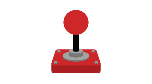 A classic red retro arcade joystick with a black stick and a grey base featuring four visible metal screws sits on a white background.