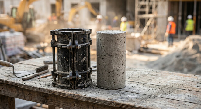 Heavy duty cast iron concrete testing cylinder mold and cured concrete specimen on a dusty wooden workbench at an active construction site.