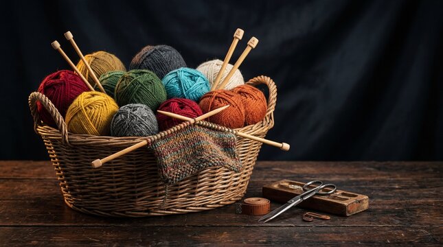 A Wicker Basket Filled with Colorful Yarn and Knitting Needles.