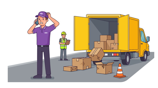 Stressed delivery courier talking on phone next to cargo truck with falling boxes vector illustration. EPS Editable