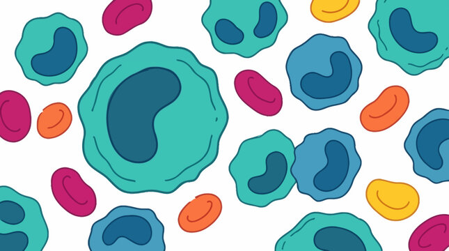 Stylized cartoon illustration of white and red blood cells on a white background. EPS Editable
