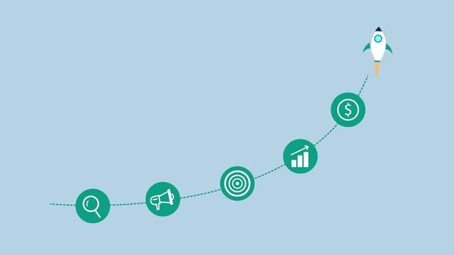 A rocket ascending, symbolizing marketing growth, search, analytics, target audience and conversions 2d animation with alpha matte