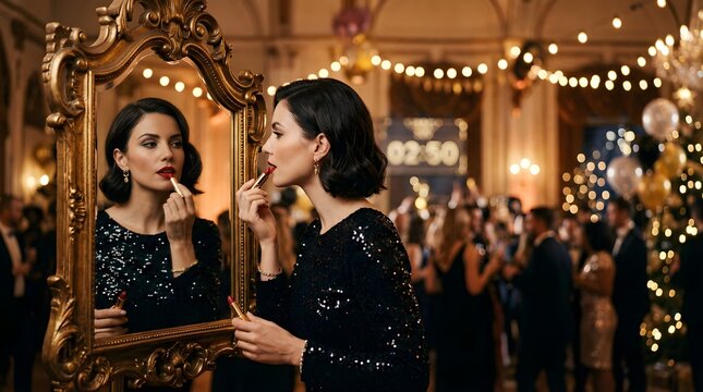 Elegant woman applying red lipstick in front of a mirror at a party event