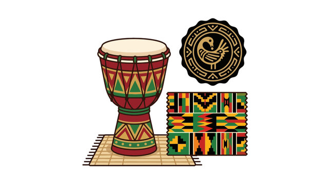 Traditional African culture illustration featuring djembe drum kente pattern and sankofa adinkra symbol. EPS Editable