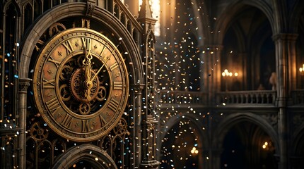 Obraz premium Golden antique clock striking midnight during a festive confetti shower