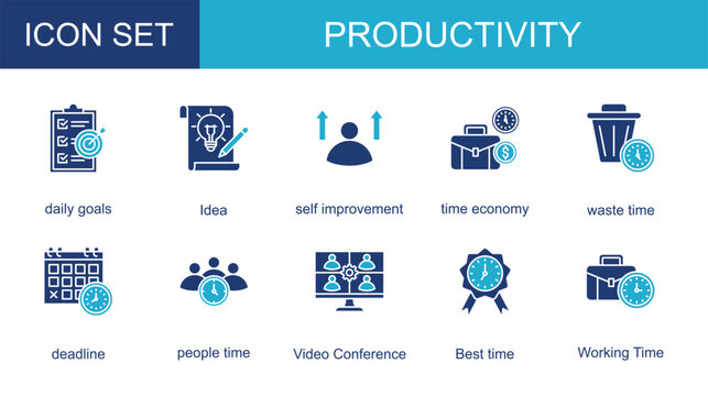 productivity icon collection set. with daily goals,Idea,self improvement,time economy,waste time,deadline,people time