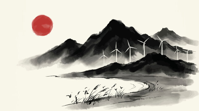 Traditional ink wash painting of mountains with modern wind turbines and a red sun in sumie style. EPS Editable