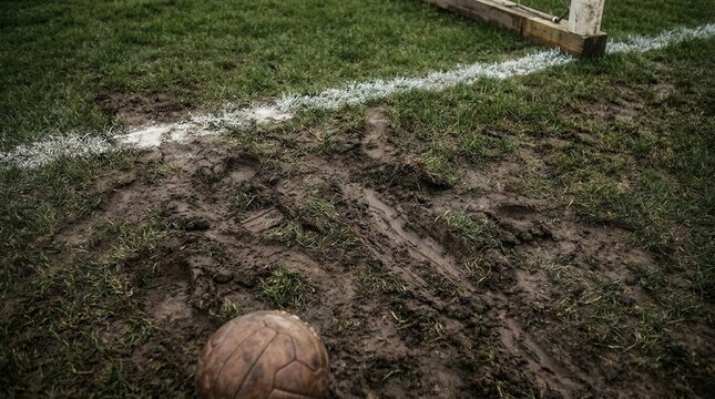 Close-up of a muddy football pitch featuring dark wet soil and patchy grass near a white goal line, with a weathered soccer ball visible in the foreground on an outdoor sports field.