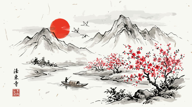 Traditional Japanese sumi e ink painting of a mountain landscape with red sun and cherry blossoms. EPS Editable