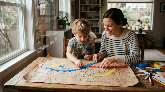 A parent and child building a large paper weather map together. They are using bright colored tape to mark fronts, with soft window reflections layering over the scene.