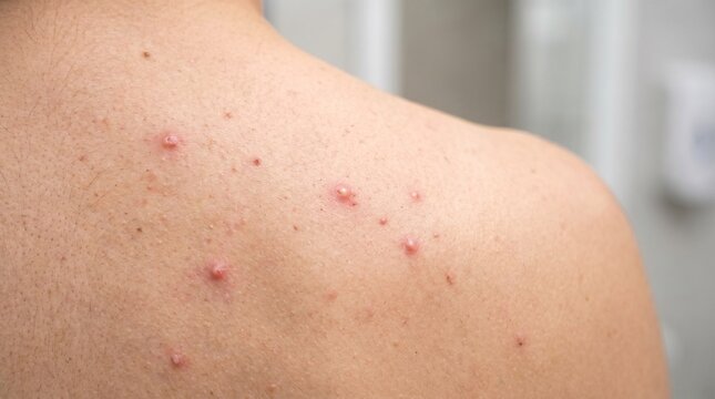 Close up of red inflamed acne pimples on a man back for medical dermatology skin care concept