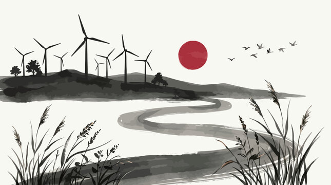 Traditional Japanese sumi e style ink painting of wind turbines on hills with a red sun and river. EPS Editable